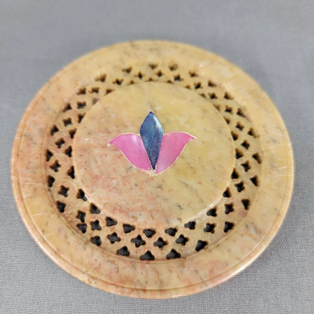 Vtg Stone Marble Coasters Hand Carved Jali Cut Flower Inlay Decorative Lot of 6